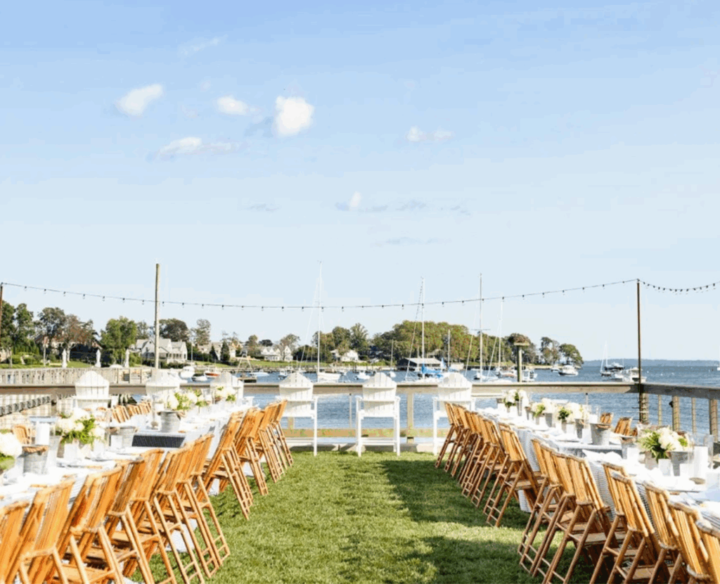 Waterfront corporate event setup at Noroton Yacht Club in Darien, Connecticut.
