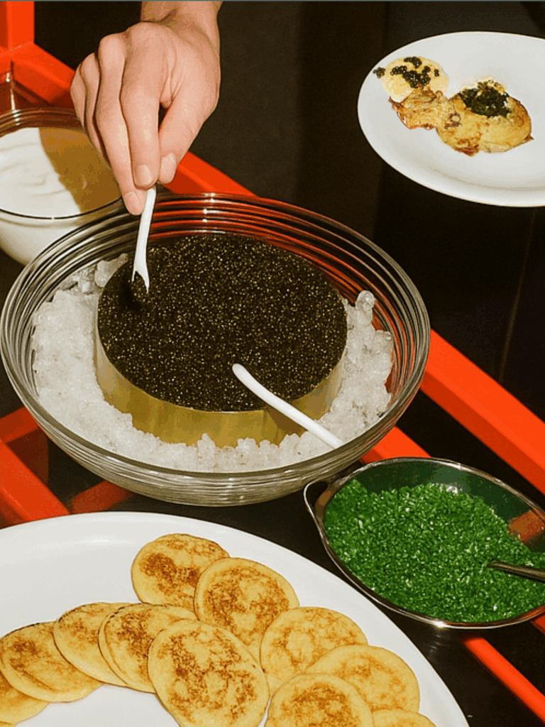 Caviar service with elegant presentation by ONTHEMARC Catering at a luxury event in Midtown Manhattan.