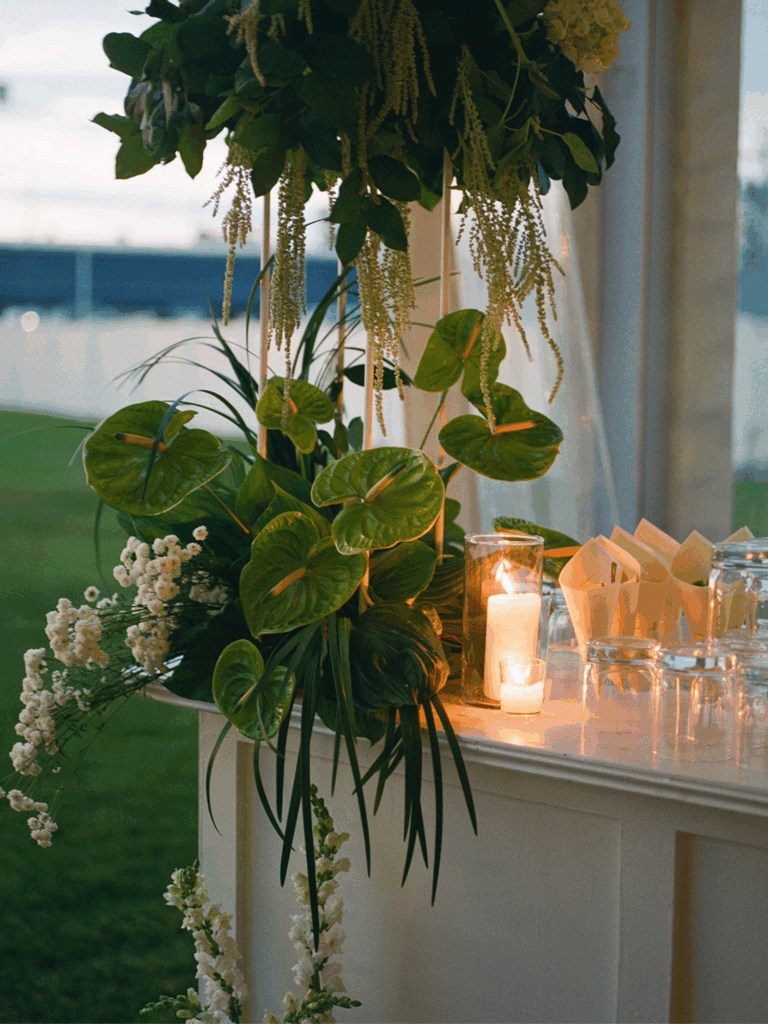 Green floral wedding arrangement at The Point at Norwalk Cove in Fairfield County with ONTHEMARC Catering.