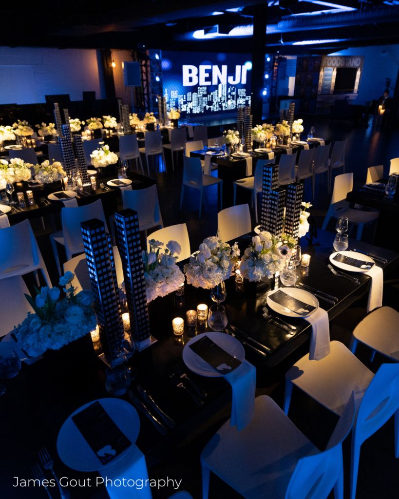 Sophisticated Bar Mitzvah catering and skyline-themed decor for a celebration at Hudson Loft.