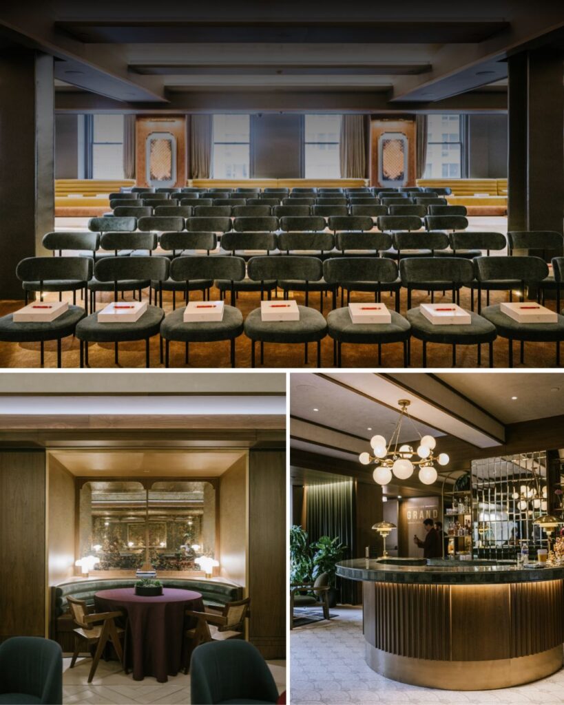 Corporate conference setup with OTM branded notebooks and luxury bar catering in NYC.